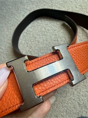 Hermes Orange Textured Leather Belt with Silver H Buckle